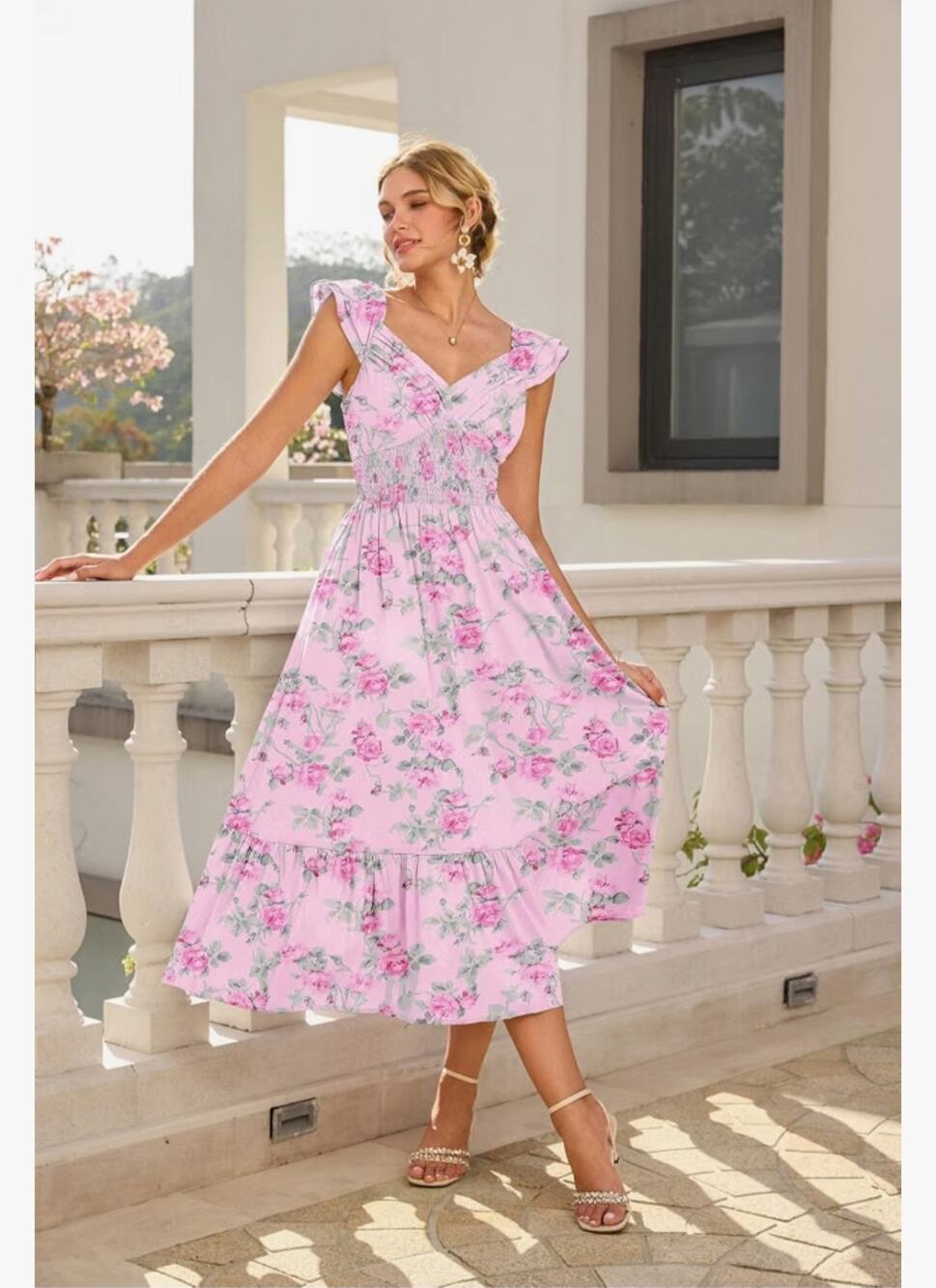 #283 MSRP $53 NWT GRACE KARIN LIGHT PINK FLORAL SMOCKED TIERED MAXI ♡SIZE XL♡